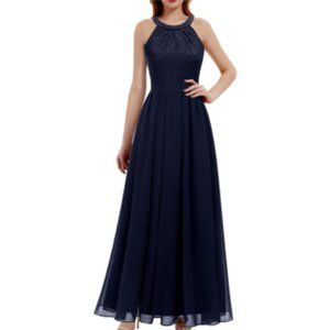 Navy Halter Lace Bodice Chiffon Prom Dress